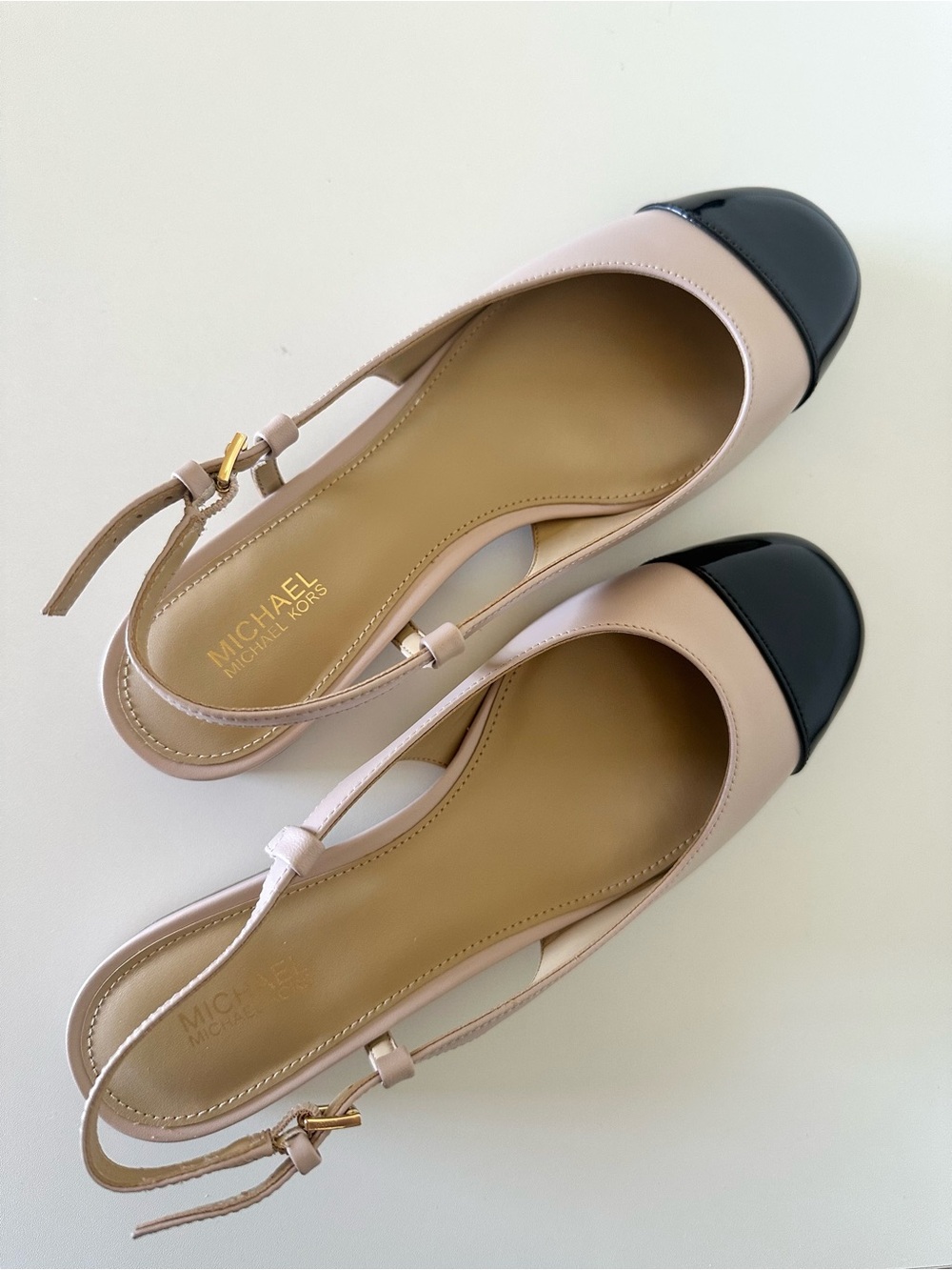 MICHAEL Michael Kors Nude Pink Slingback Flats with Black Patent Cap Toe 6M